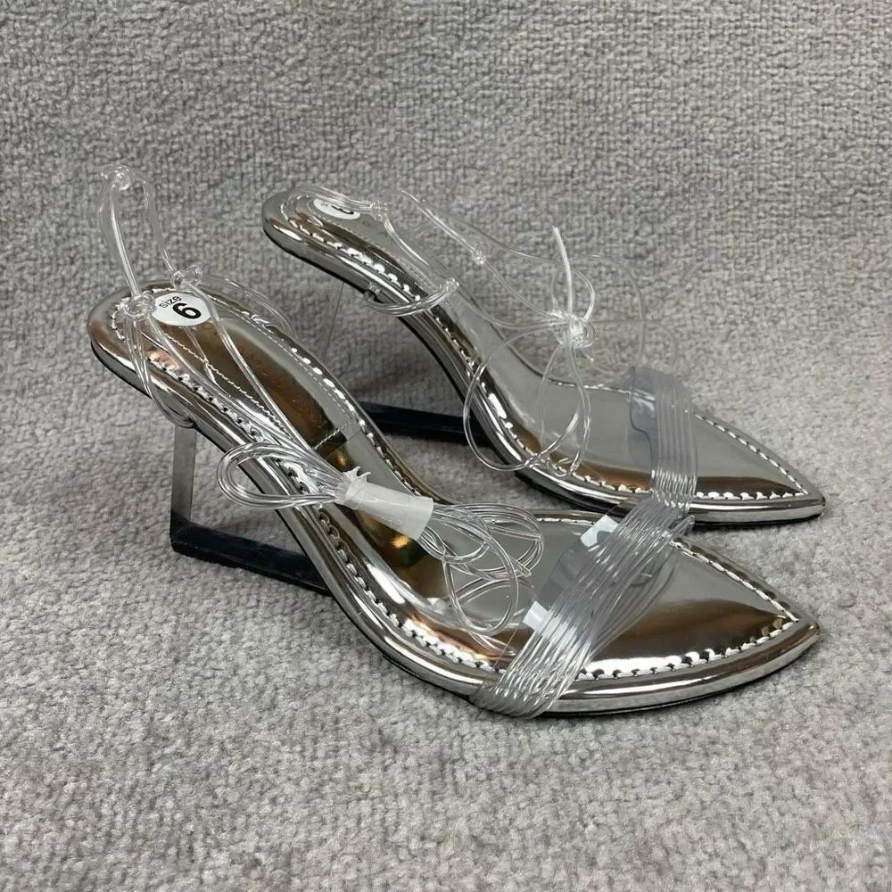Good American Wedge Heels Silver Clear Block Heels Sandals Size 6 Brand New